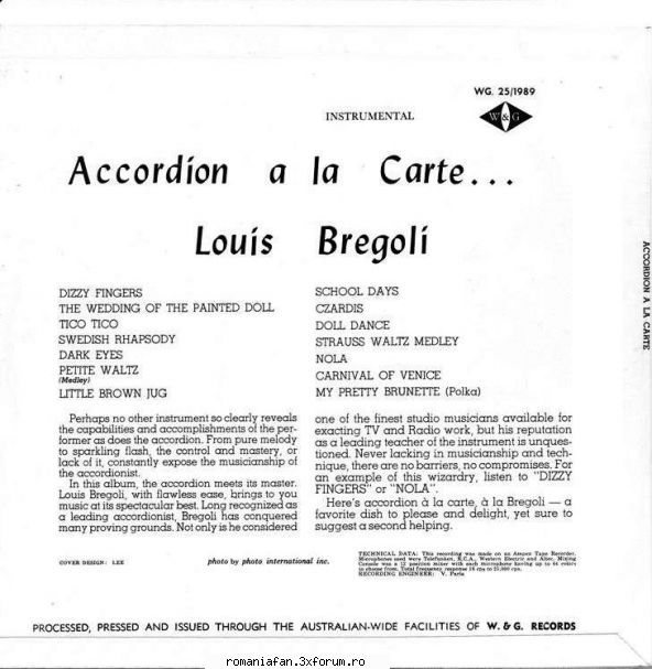 discuri vinil muzica raritati louis bregoli accordion carte w&g wg25-1989 wg25-1989 (1961)