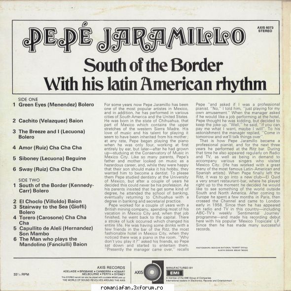 discuri vinil muzica raritati pep jaramillo south the border axis records axis 6073 (1960)
